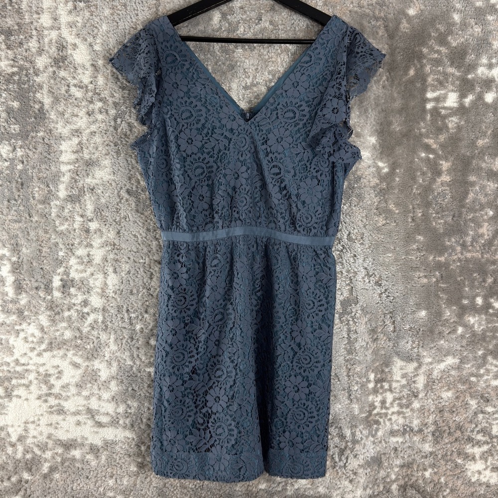 Madewell Size 4 Floral Lace V Neck Mini Sheath Dress Gray Cap Sleeve Zip